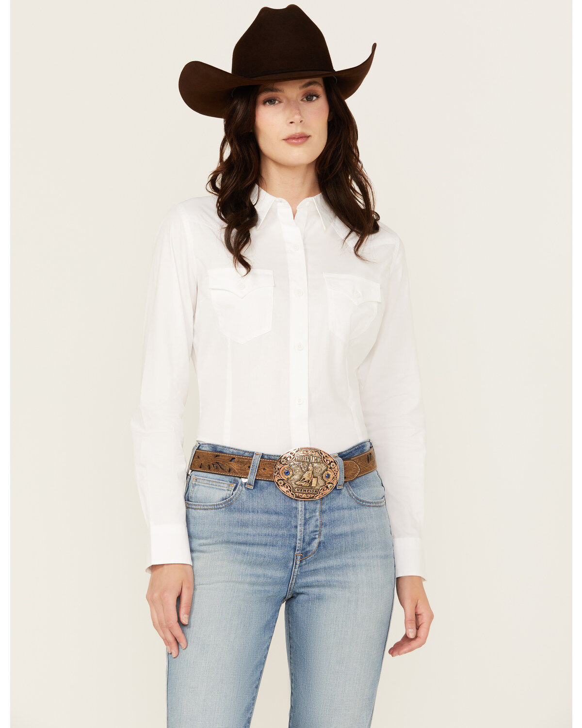 Wrangler Retro Women's Solid Long Sleeve Button-Down Stretch Western Shirt, White, hi-res