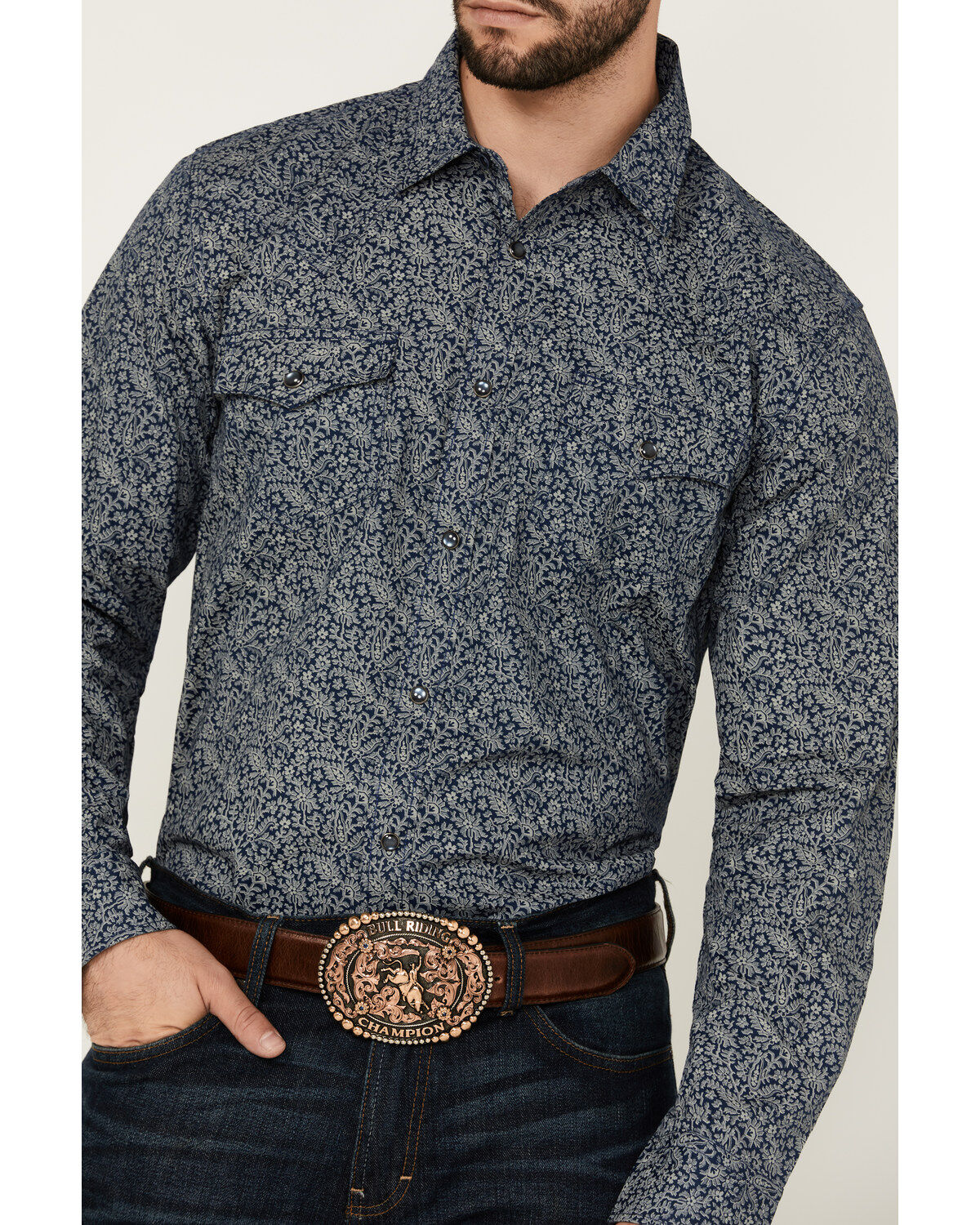 Image #3 - Cody James Men's Grande Floral Print Long Sleeve Pearl Snap Western Shirt, Navy, hi-res
