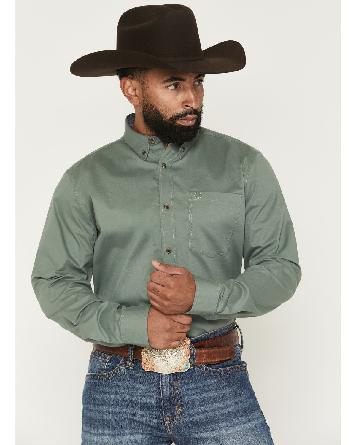Cody James Men's Basic Solid Long Sleeve Button-Down Stretch Western Shirt, Sage, hi-res