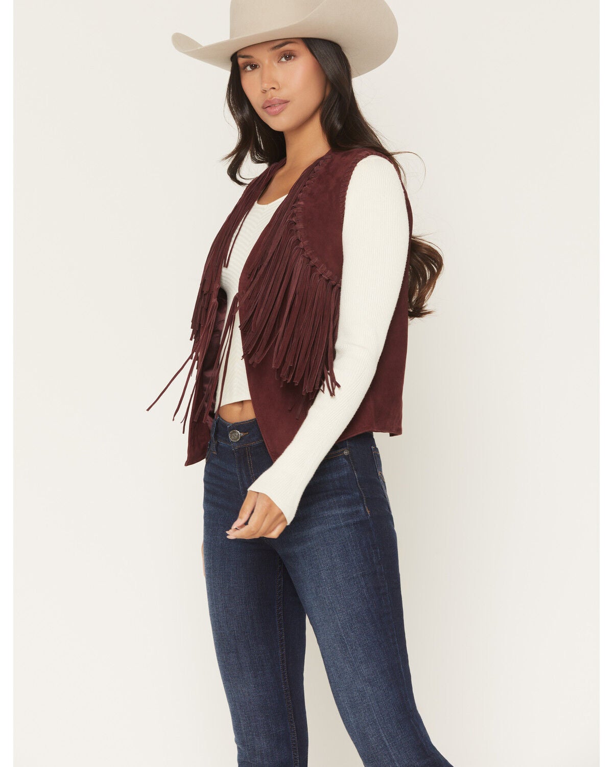 Scully Women's Suede Fringe Front Tie Vest, Ruby, hi-res