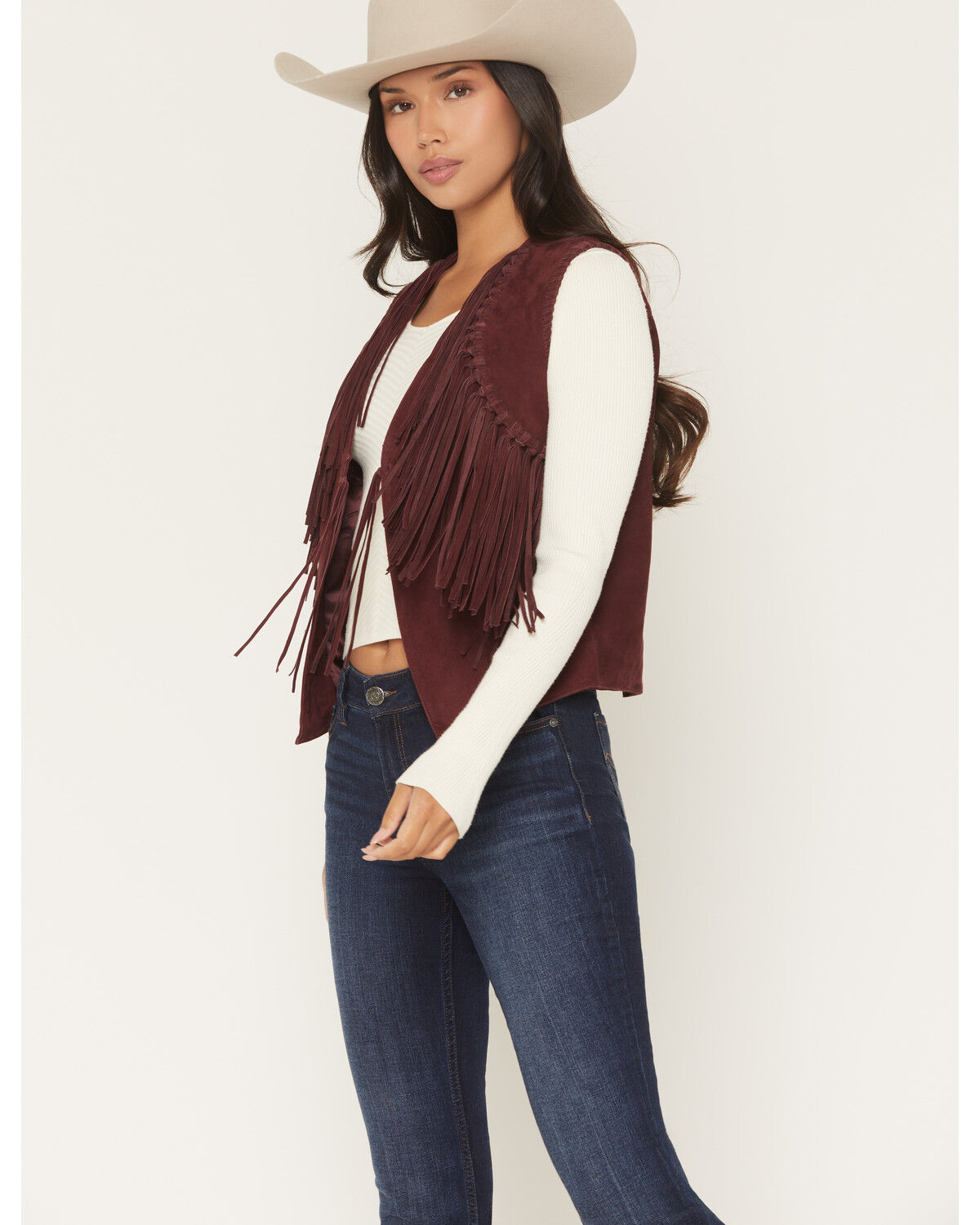 Image #1 - Scully Women's Suede Fringe Front Tie Vest, Ruby, hi-res