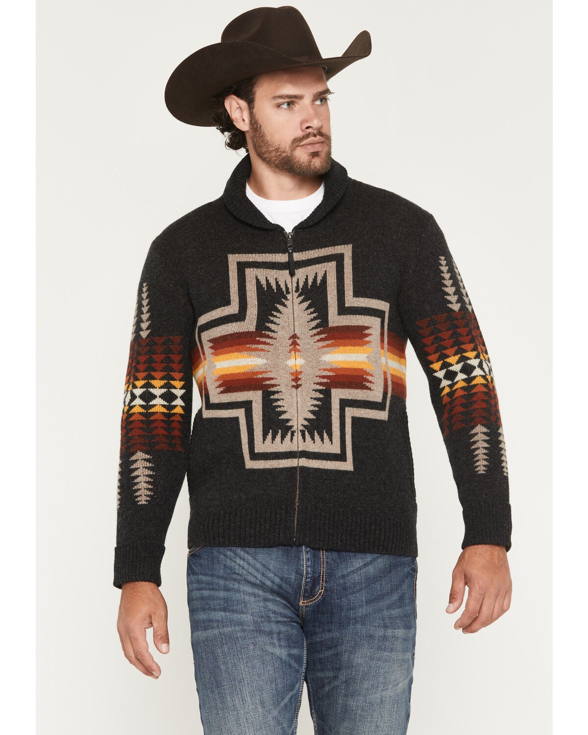 Pendleton Men's Harding Oxford Printed Zip Cardigan, Black, hi-res