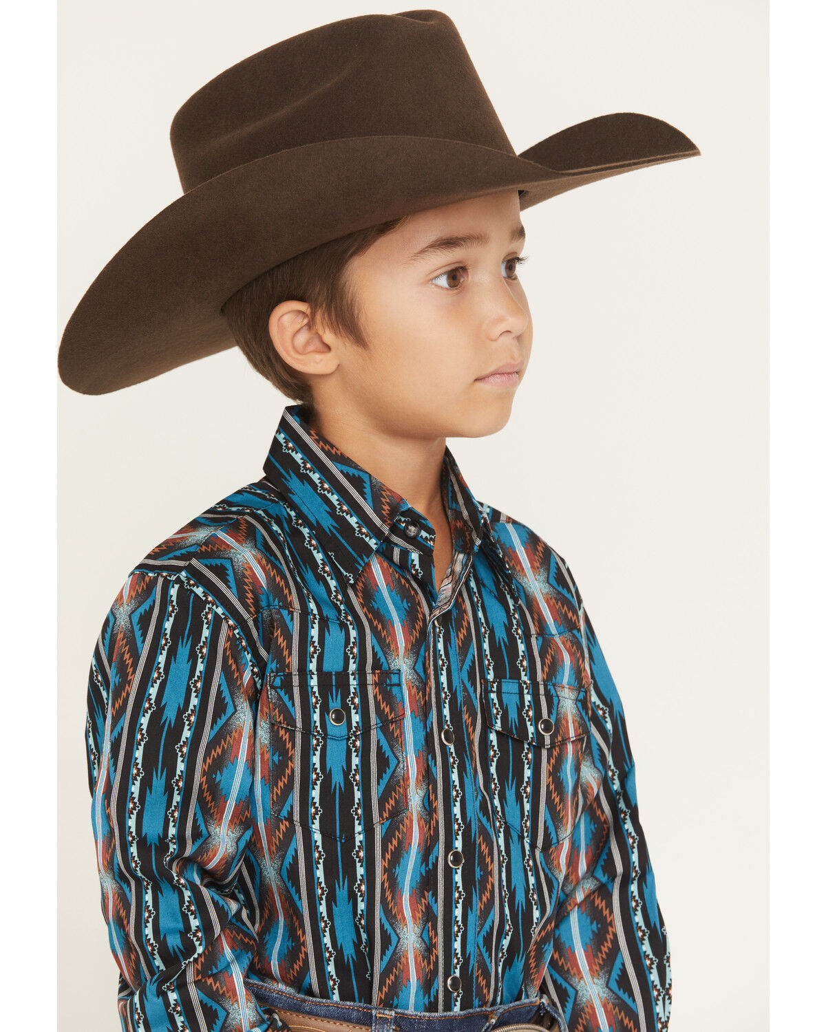 Image #2 - Wrangler Boys' Checotah Southwestern Striped Print Long Sleeve Snap Western Shirt, Teal, hi-res