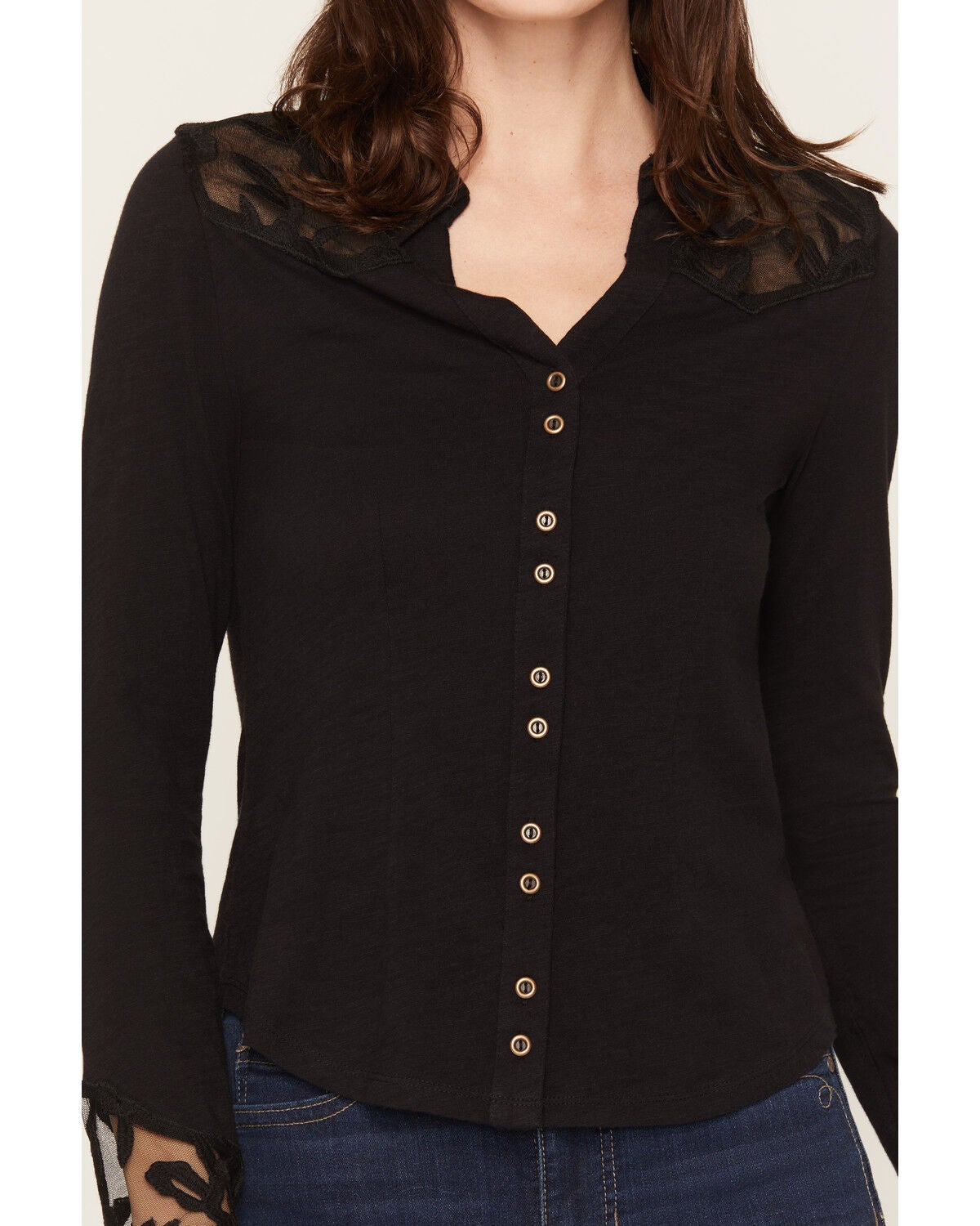 Image #3 - Shyanne Women's Rider Long Sleeve Knit Lace Yoke Button-Down Western Shirt, Black, hi-res