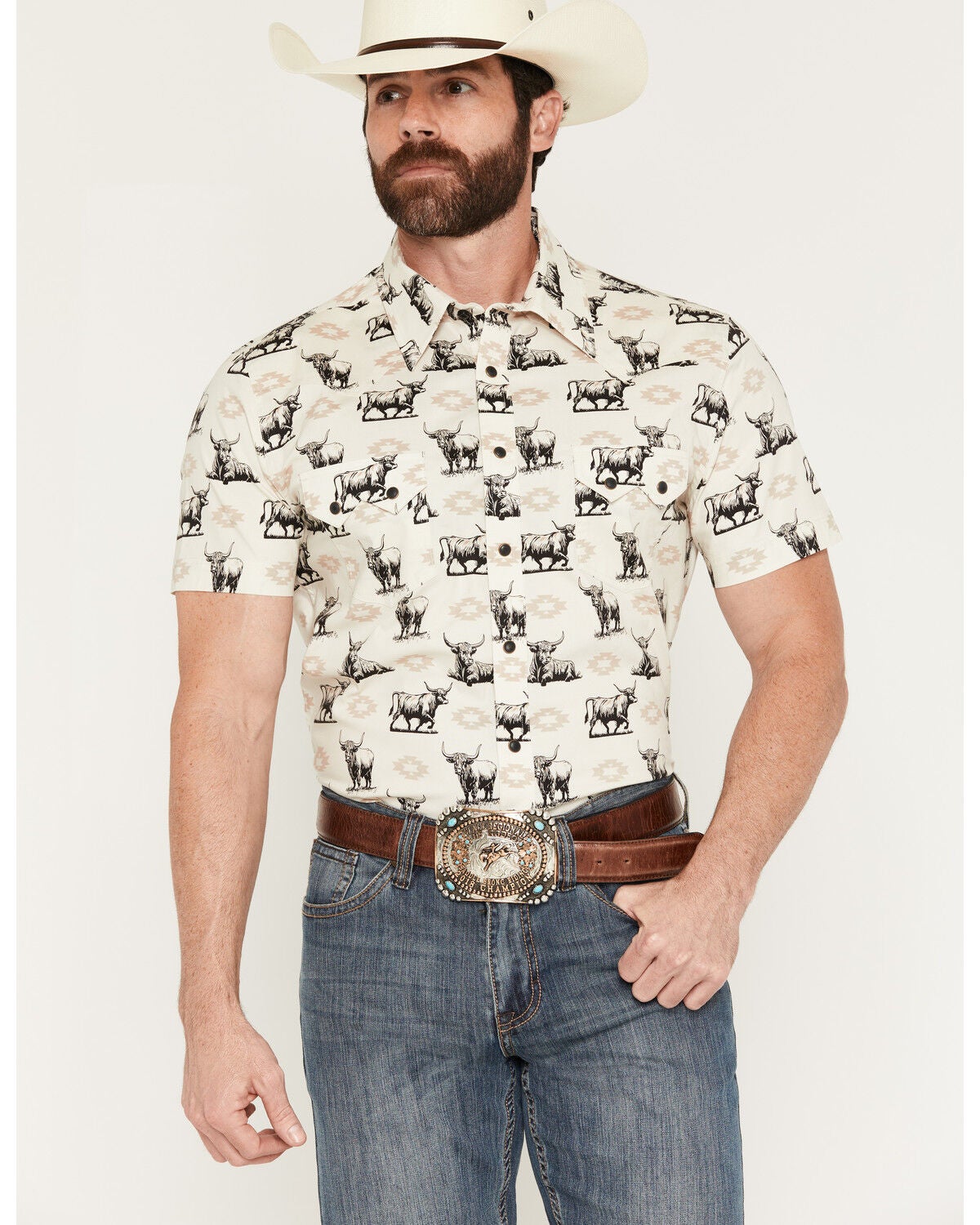 Rock & Roll Denim Men's Steer Print Short Sleeve Snap Stretch Western Shirt, Tan, hi-res