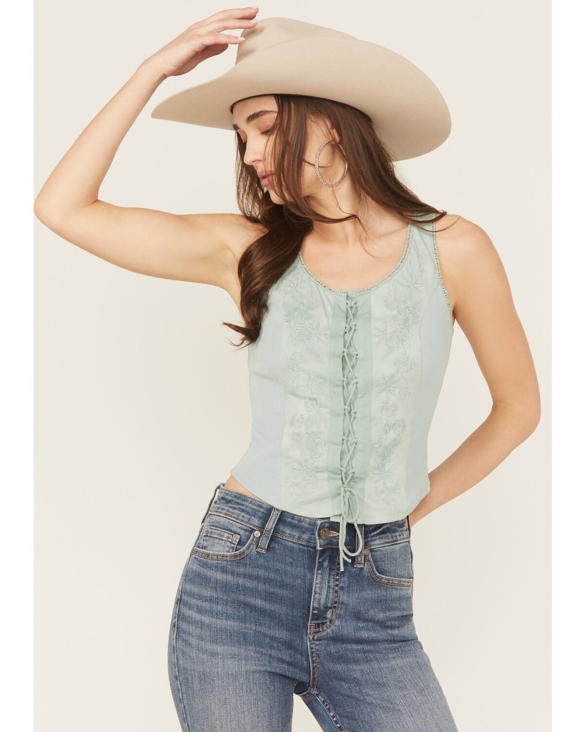 Rock & Roll Denim Women's Embroidered Tank Top, Teal, hi-res