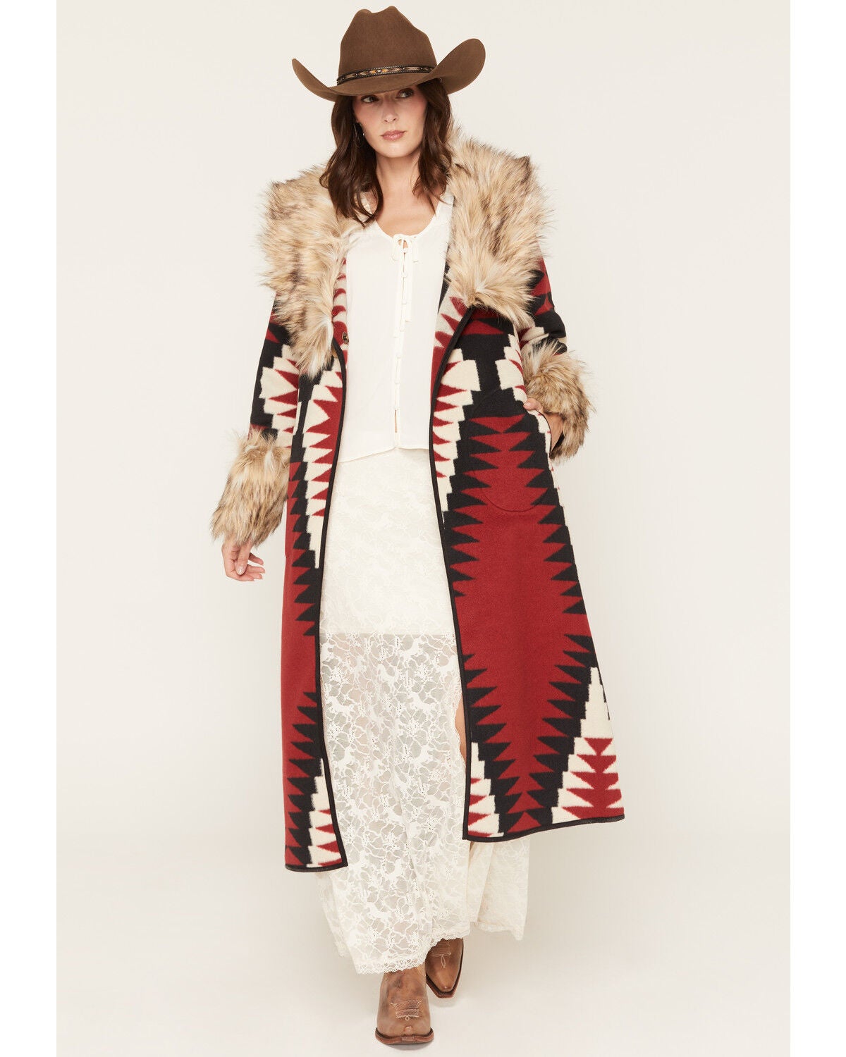 Image #1 - Tasha Polizzi Women's Clay Faux Fur Southwestern Print Coat, Red, hi-res