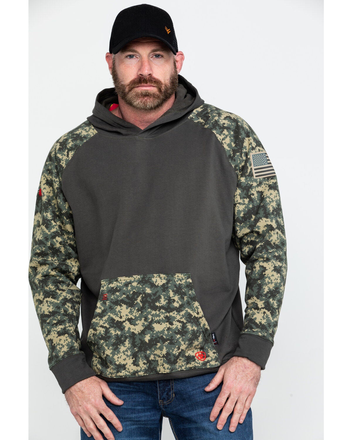 Ariat Men's FR Durastretch Camo Patriot Hooded Work Sweatshirt - Tall, Camouflage, hi-res