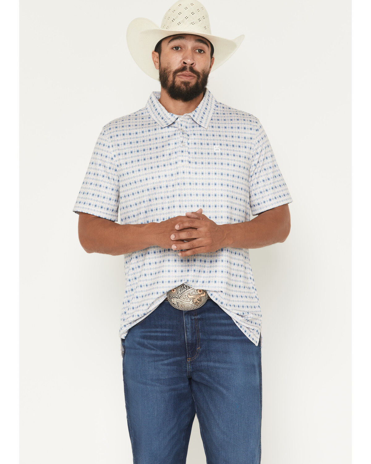Image #1 - Panhandle Slim Men's Southwestern Print Short Sleeve Pearl Snap Performance Polo, Natural, hi-res