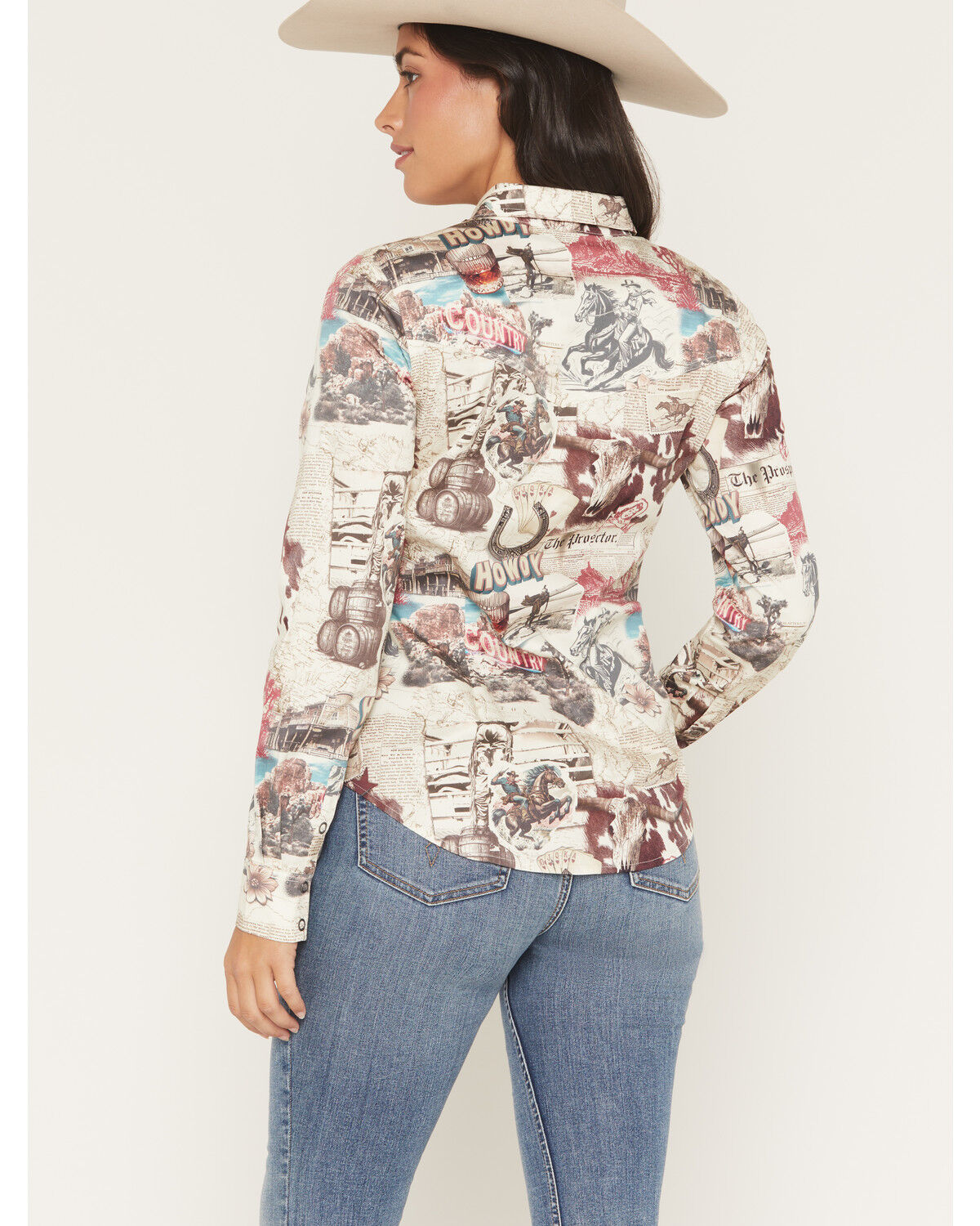 Image #4 - Shyanne Women's Spiritdance Conversational Print Long Sleeve Snap Stretch Western Shirt, Cream, hi-res