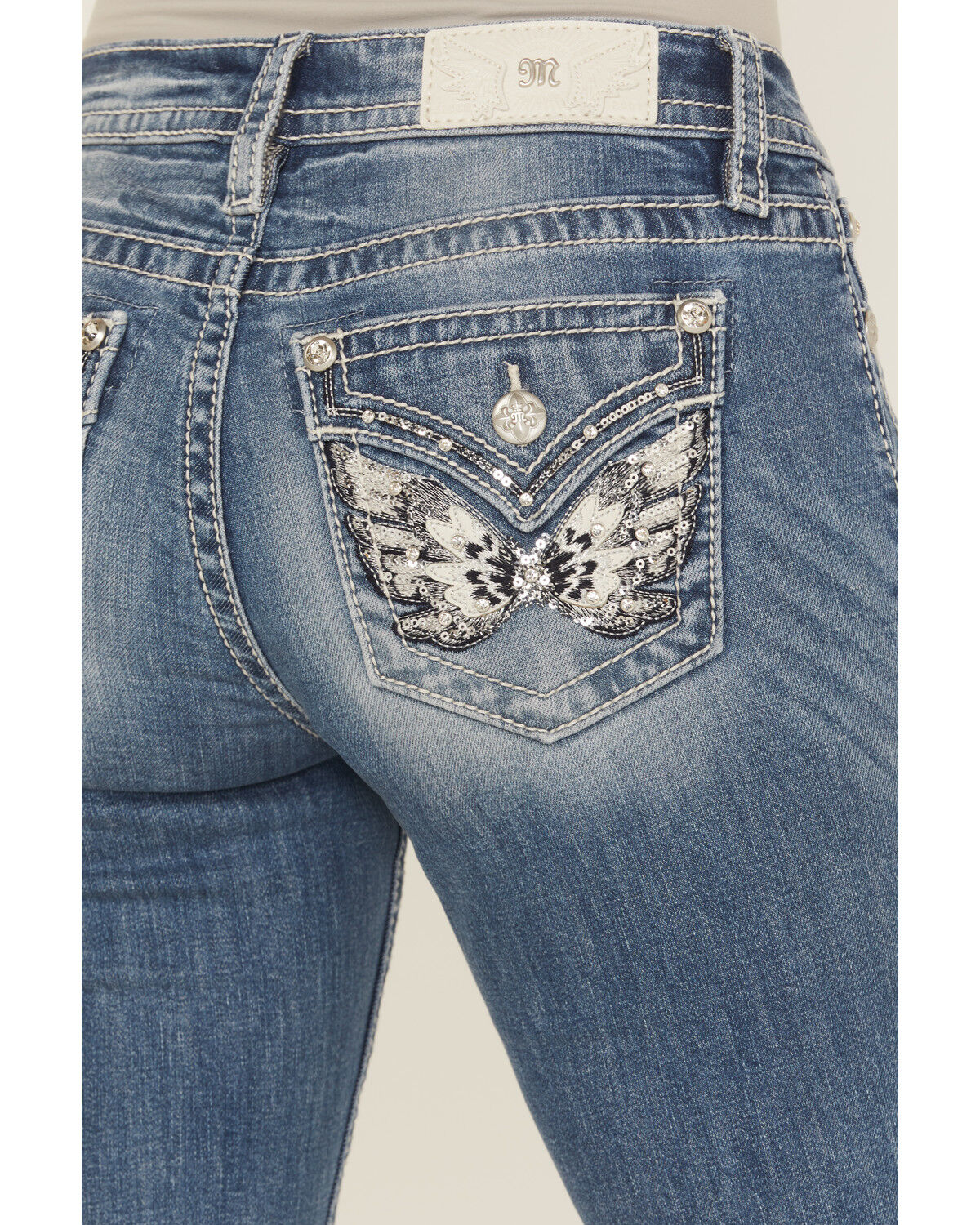 Product Name:  Miss Me Women's Medium Wash Mid Rise Butterfly Pocket Bootcut Stretch Denim Jeans - Long