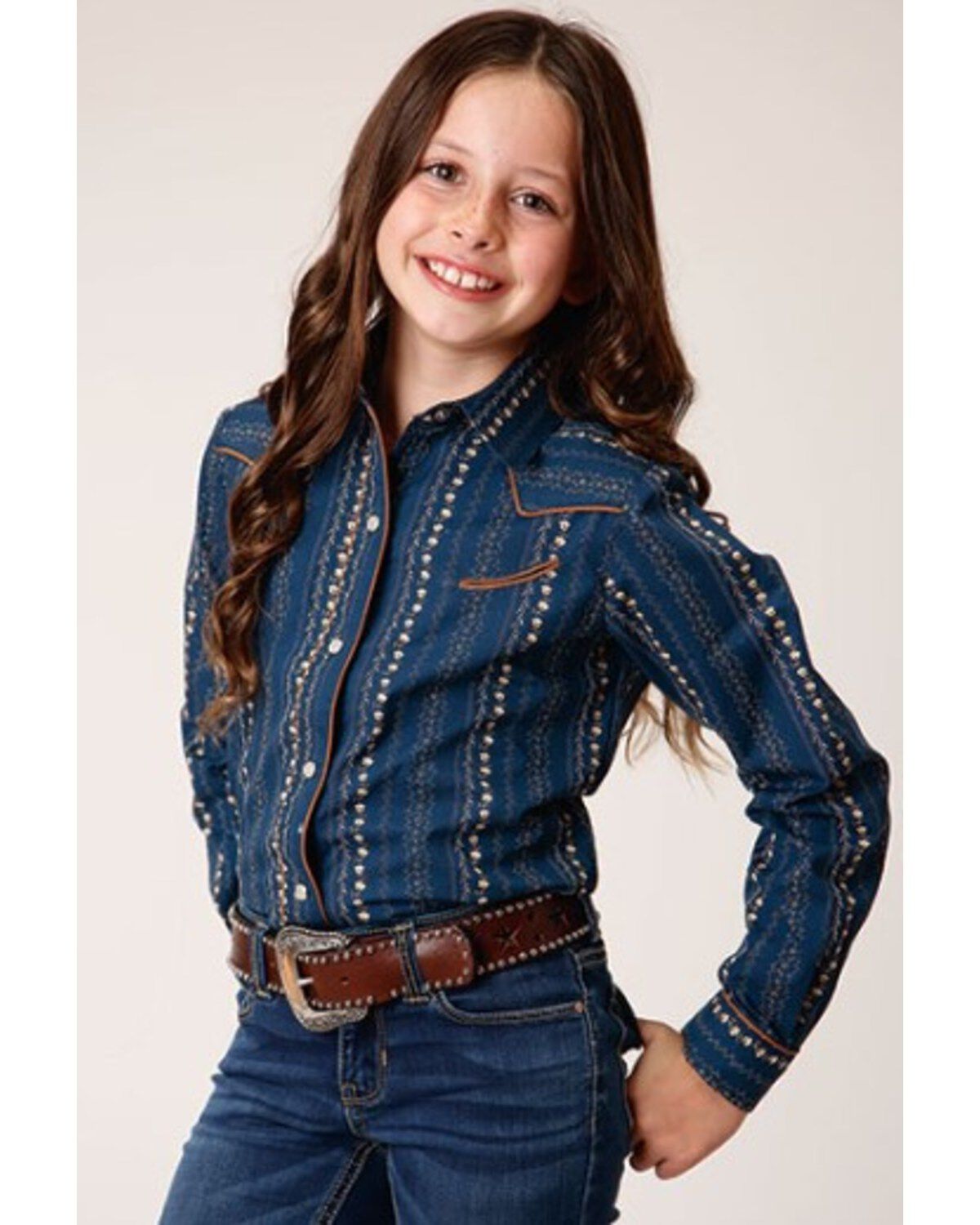 Image #1 - Roper Girls' Floral Print Long Sleeve Snap Western Shirt, Blue, hi-res