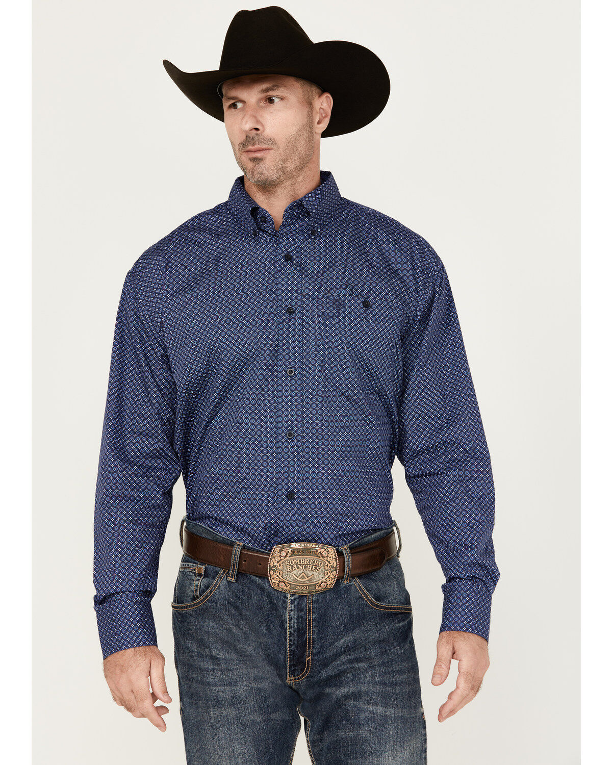 Image #1 - George Strait by Wrangler Men's Geo Print Long Sleeve Button-Down Western Shirt - Big, Dark Blue, hi-res