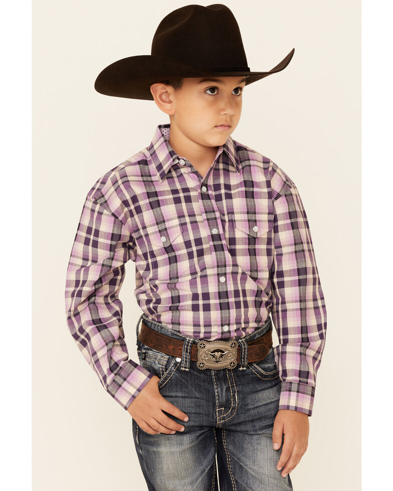 Panhandle Boys' Orchid Plaid Long Sleeve Snap Western Shirt , Purple, hi-res