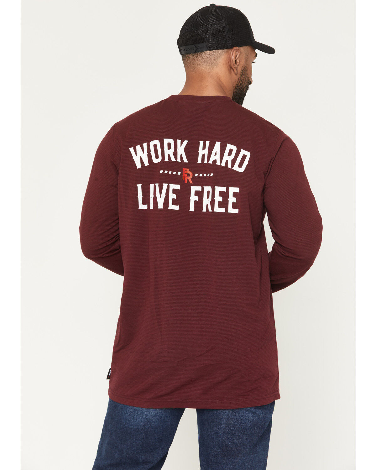 Image #1 - Ariat Men's Boot Barn Exclusive FR Work Hard Live Free Long Sleeve Work T-Shirt, Burgundy, hi-res