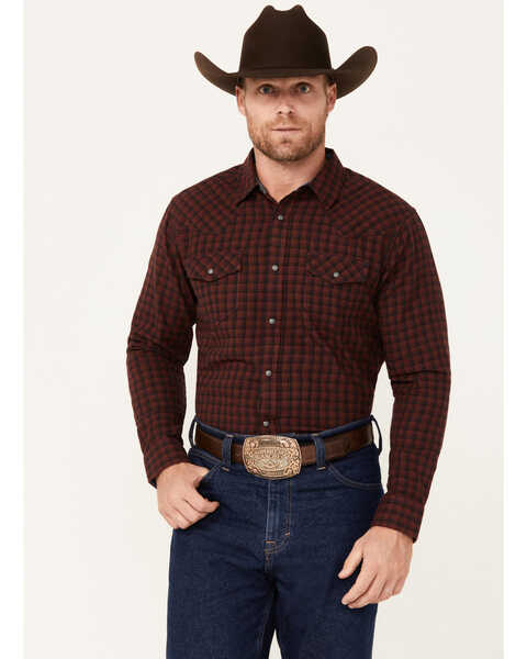 Cody James Men's Long Rider Plaid Print Long Sleeve Snap Western Flannel Shirt, Dark Red, hi-res
