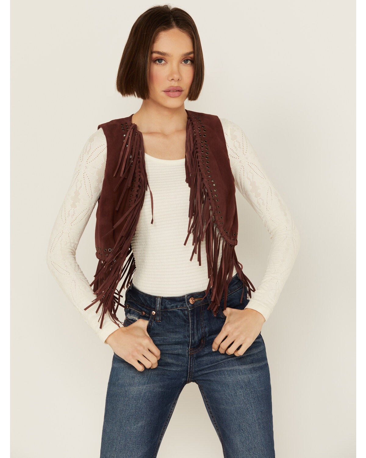 Shyanne Women's Short Fringe and Eyelet Suede Vest, Brown, hi-res