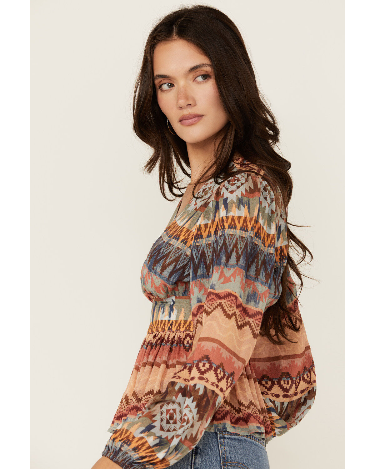 Image #2 - Shyanne Women's Southwestern Print Long Sleeve Crepe Shirt, Navy, hi-res