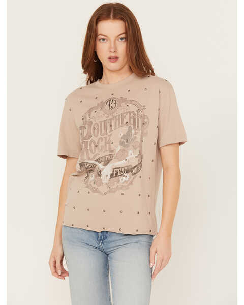 Affliction Women's Studded Southern Rock Graphic Tee, Grey, hi-res