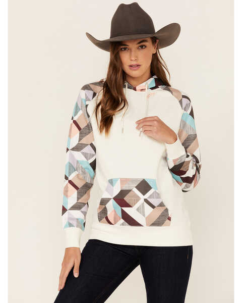 Hooey Women's Modern Colorblock Geo Print Pullover Hooded Sweater , Cream, hi-res