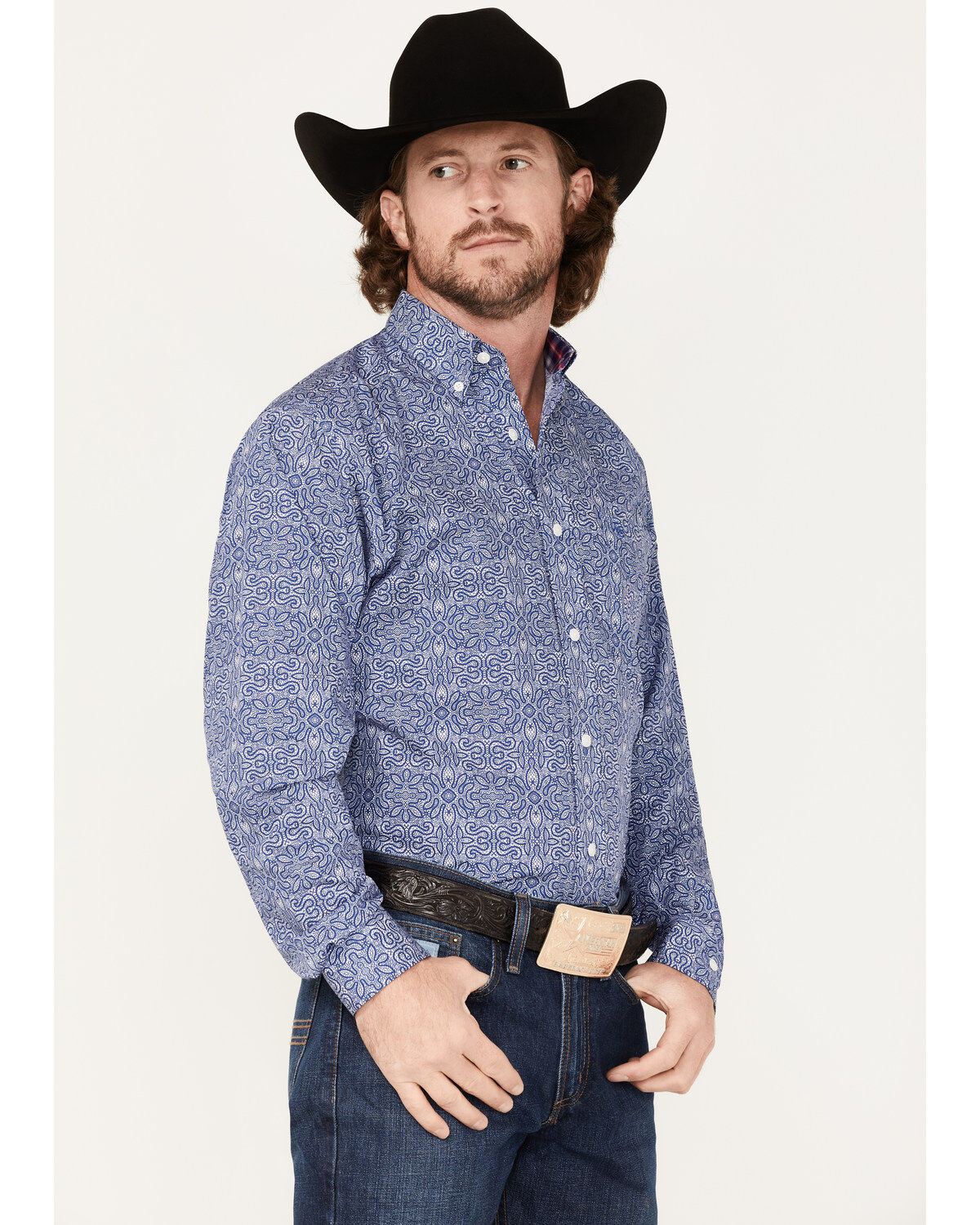 Image #2 - Ariat Men's WF Seamus Print Long Sleeve Western Shirt, Blue, hi-res