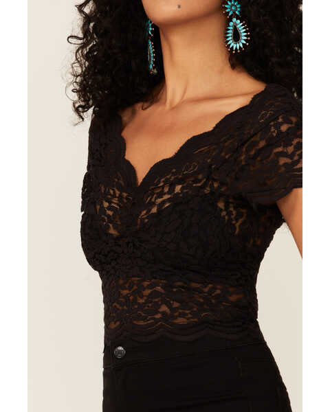 Shyanne Women's Black Lace Knit Flutter Sleeve Crop Top , Black, hi-res
