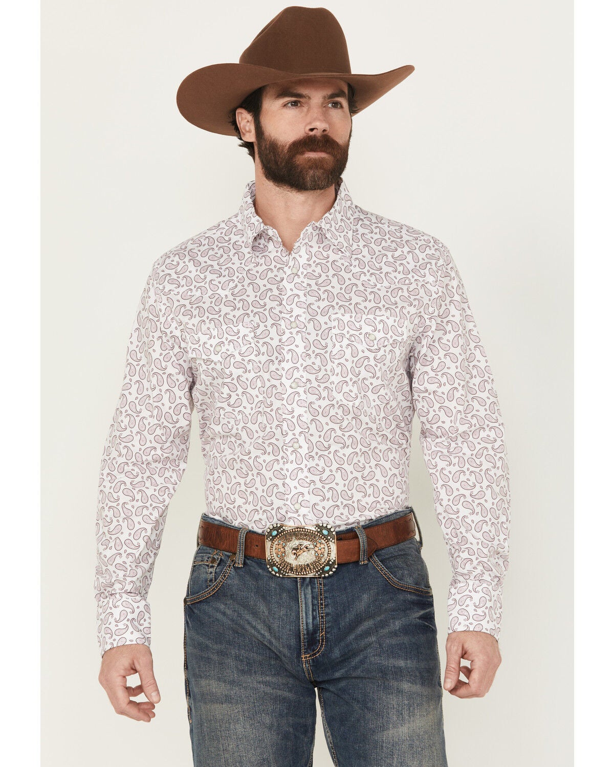 Wrangler Men's 20X Paisley Print Long Sleeve Snap Stretch Western Shirt, White, hi-res