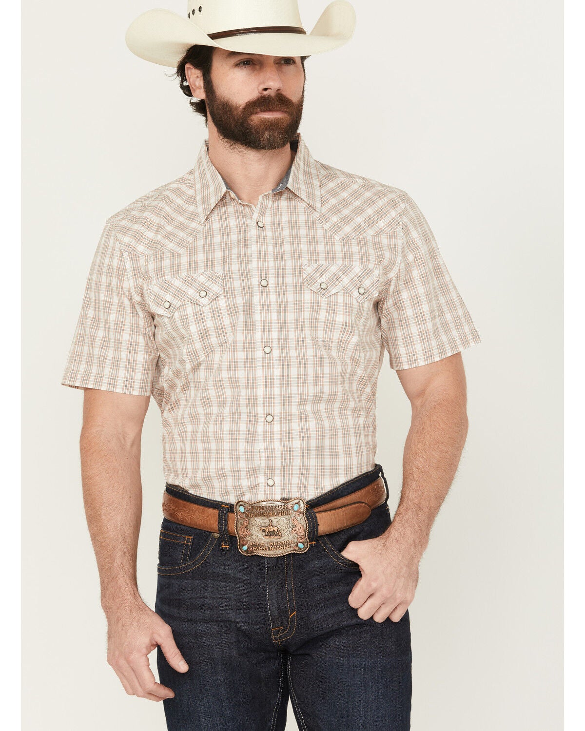 Cody James Men's Rangewear Plaid Print Short Sleeve Snap Western Shirt, Cream, hi-res