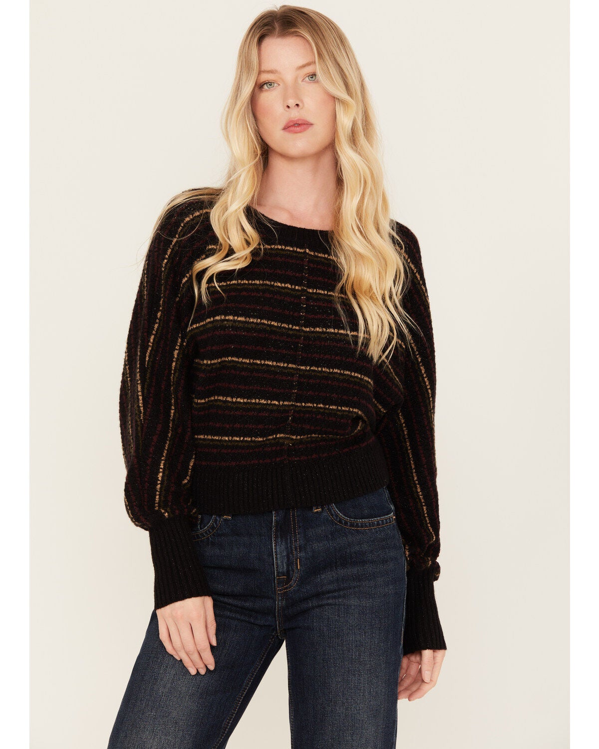 Shyanne Women's Lurex Striped Dolman Sweater, Black, hi-res