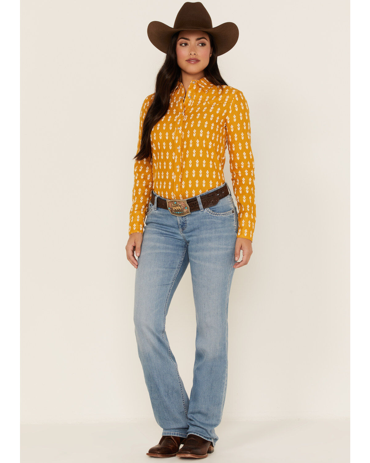 Image #2 - Stetson Women's Southwestern Embroidered Western Pearl Snap Shirt, Yellow, hi-res