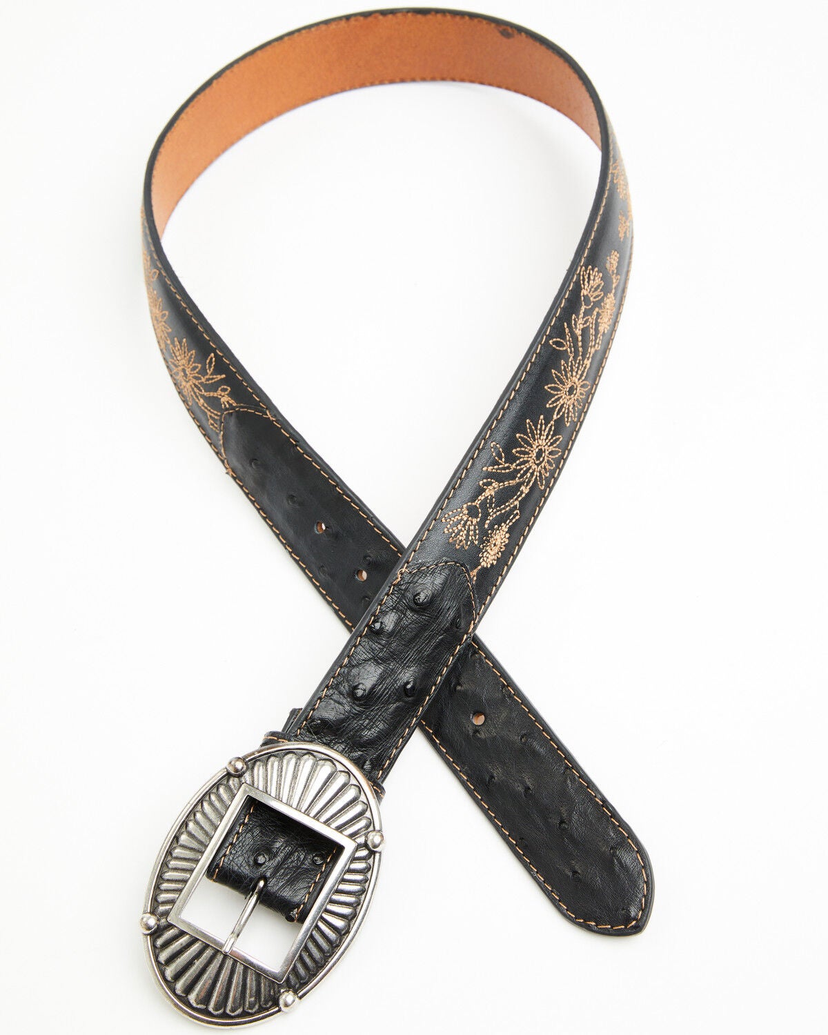 Image #2 - Shyanne Women's Exotic Ostrich Floral Embroidered Belt, Black, hi-res