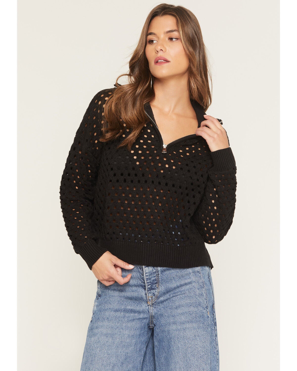 Elan Women's Crochet Half Zip Long Sleeve Sweater, Black, hi-res
