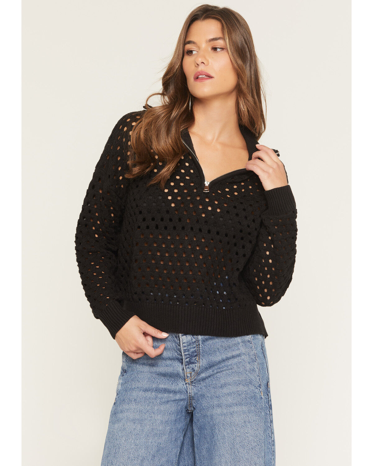 Image #1 - Elan Women's Crochet Half Zip Long Sleeve Sweater, Black, hi-res