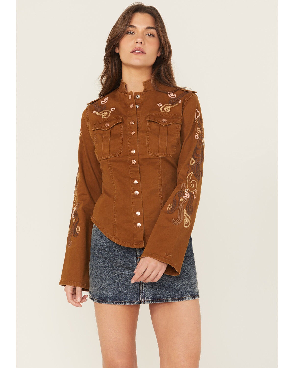 Wrangler X Lainey Wilson Women's Wildflower Embroidered Jacket, Brown, hi-res
