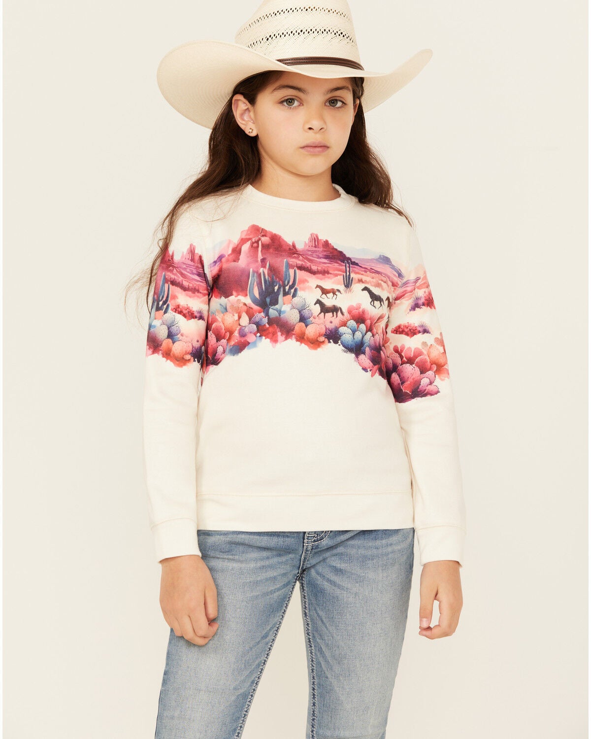 Shyanne Girls' Scenic Print Long Sleeve Pullover, Off White, hi-res
