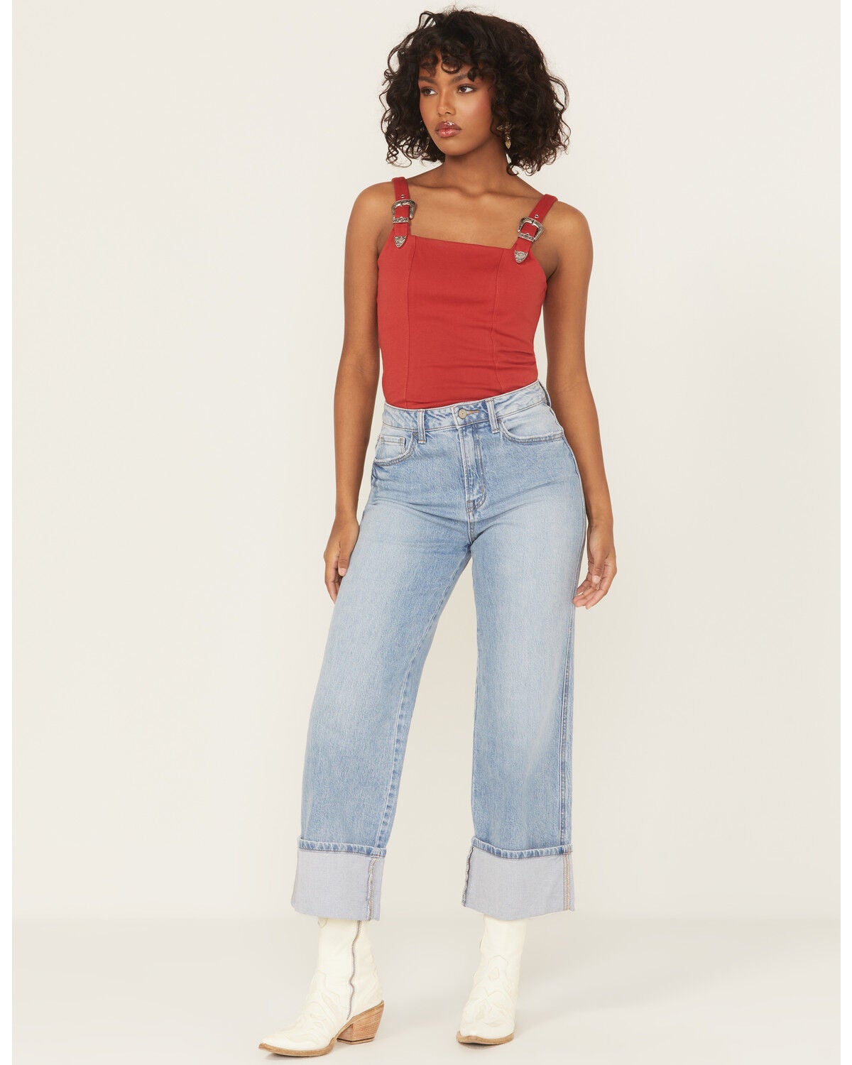 Vervet by Flying Monkey Women's Medium Wash Super High Rise Cuffed Cropped Baggy Straight Stretch Denim Jeans, Medium Wash, hi-res