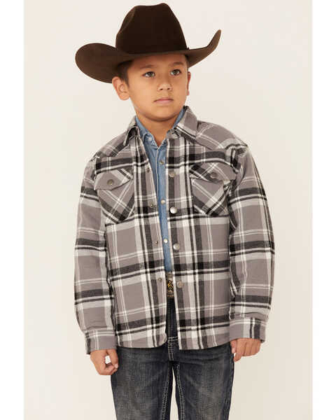 Roper Boys' Grey & Black Plaid  Long Sleeve Snap Western Flannel Shirt Jacket, Grey, hi-res