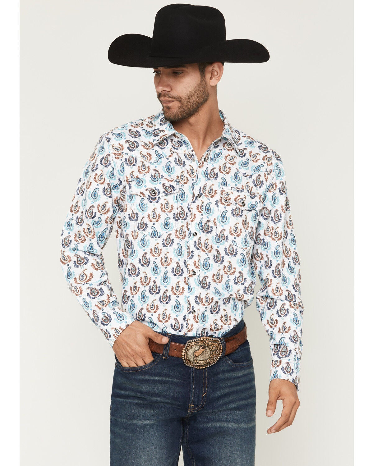 RANK 45&reg; Men's Told You So Paisley Print Long Sleeve Snap Performance Western Shirt, Ivory, hi-res