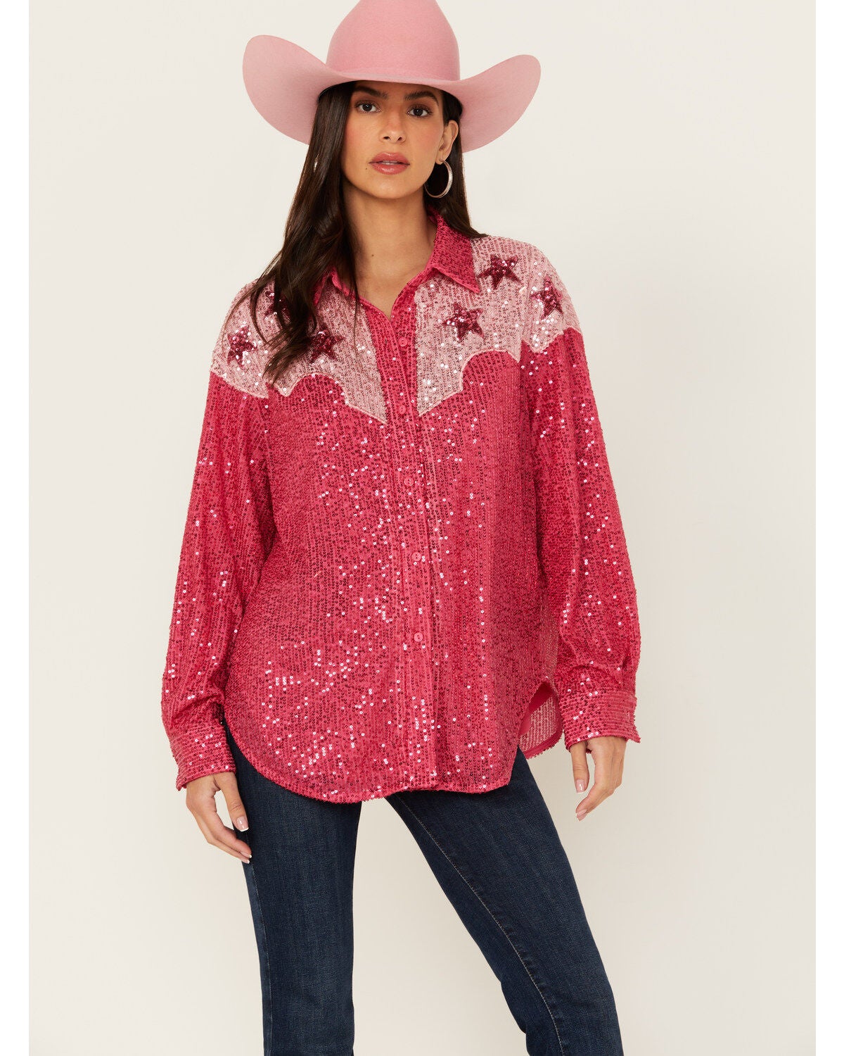 Mainstrip Women's Star Sequins Long Sleeve Button-Down Western Top, Pink, hi-res