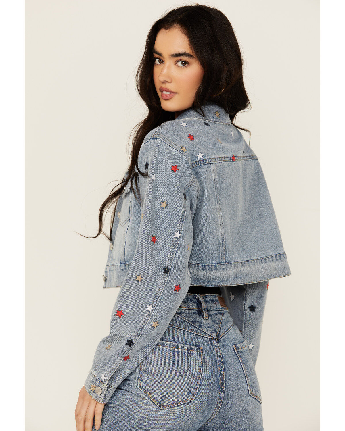 Product Name:  Stoosh Women's Medium Wash Star Embroidered Cropped Denim Jacket