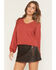 Image #1 - Eyeshadow Women's Long Sleeve Lace Contrast Peasant Top, Red, hi-res