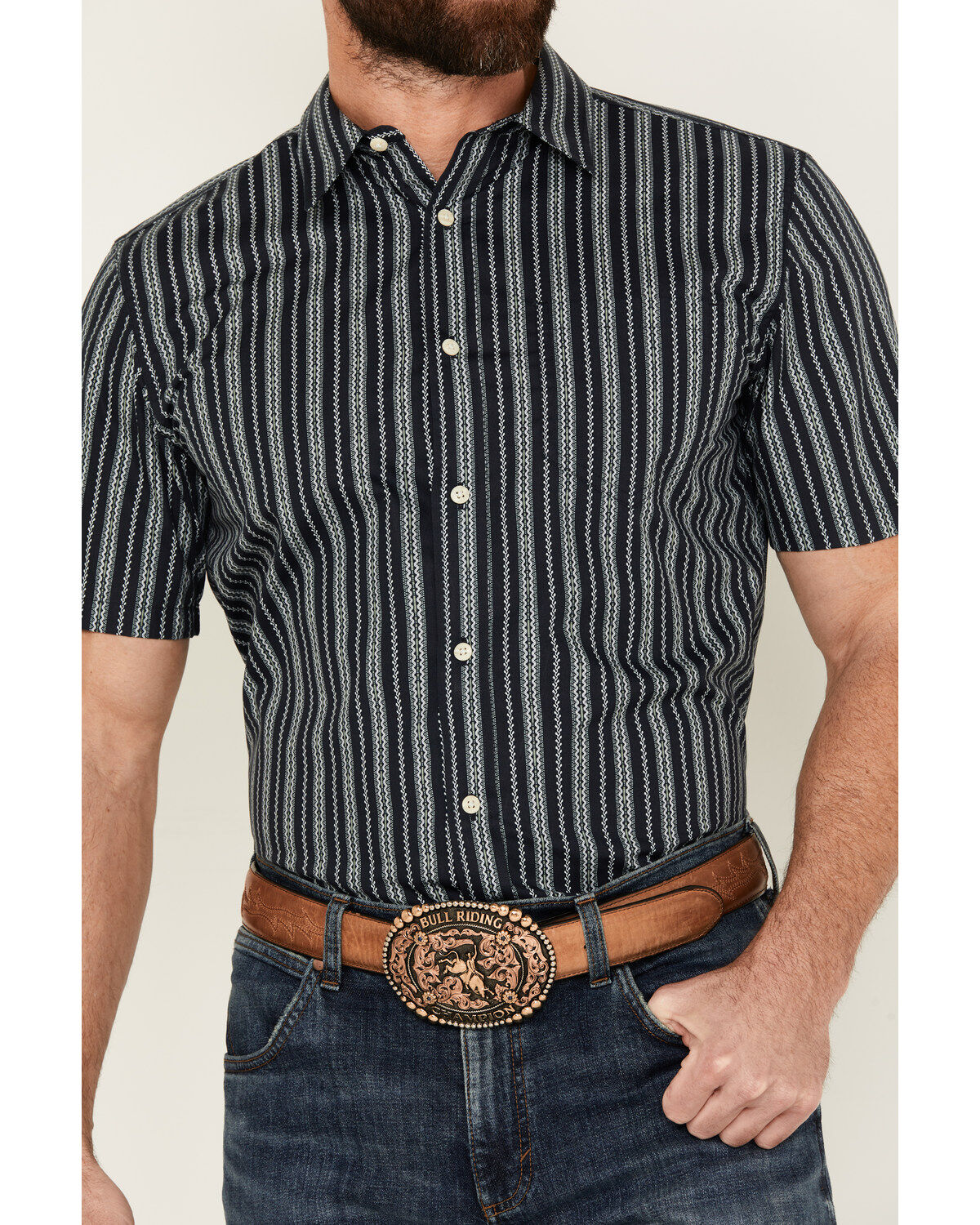 Image #3 - Gibson Trading Co Men's Scratch Stripe Short Sleeve Button-Down Western Shirt, Navy, hi-res