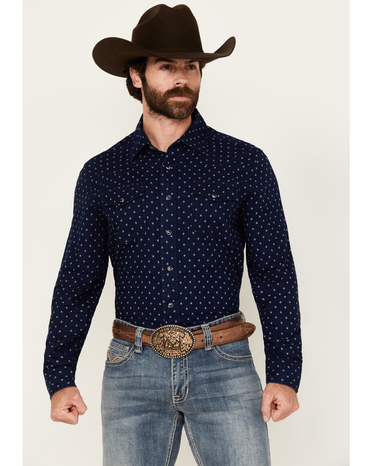 Wrangler Retro Men's Printed Long Sleeve Snap Western Shirt - Tall, Navy, hi-res
