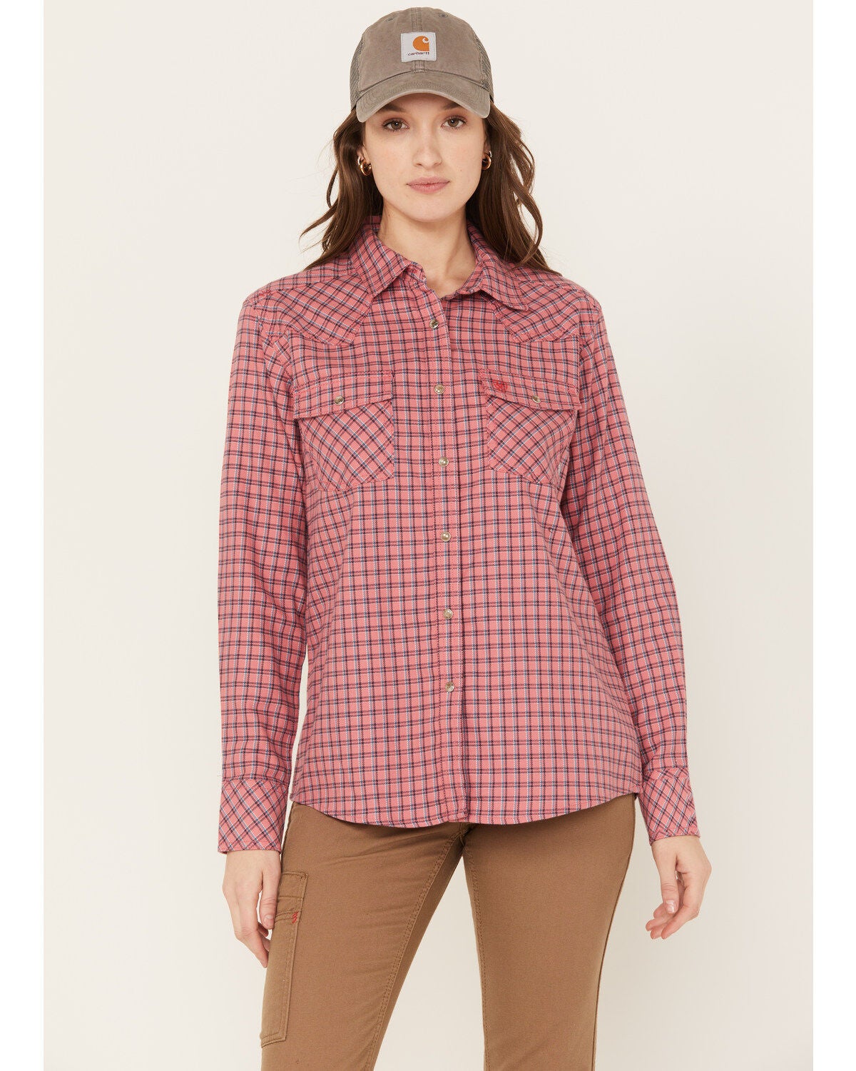 Ariat Women's Fire Resistant Plaid Print Long Sleeve Button-Down Work Shirt, Dark Pink, hi-res