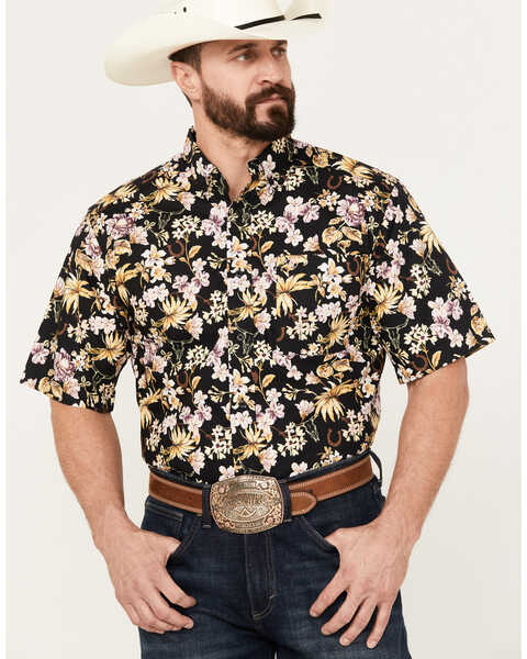 Ariat Men's Dex Classic Fit Floral Print Short Sleeve Button-Down Western Shirt, Black, hi-res
