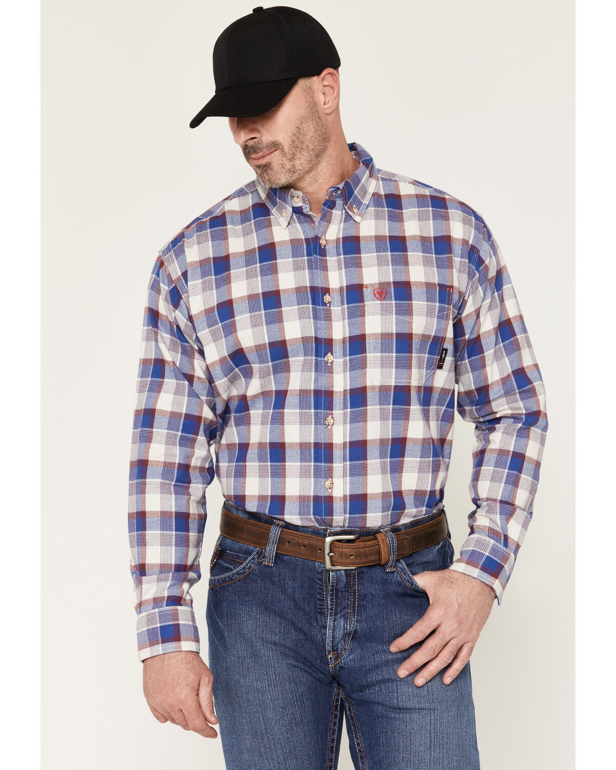 Ariat Men's FR Stanley Plaid Print Long Sleeve Button-Down Work Shirt, White, hi-res