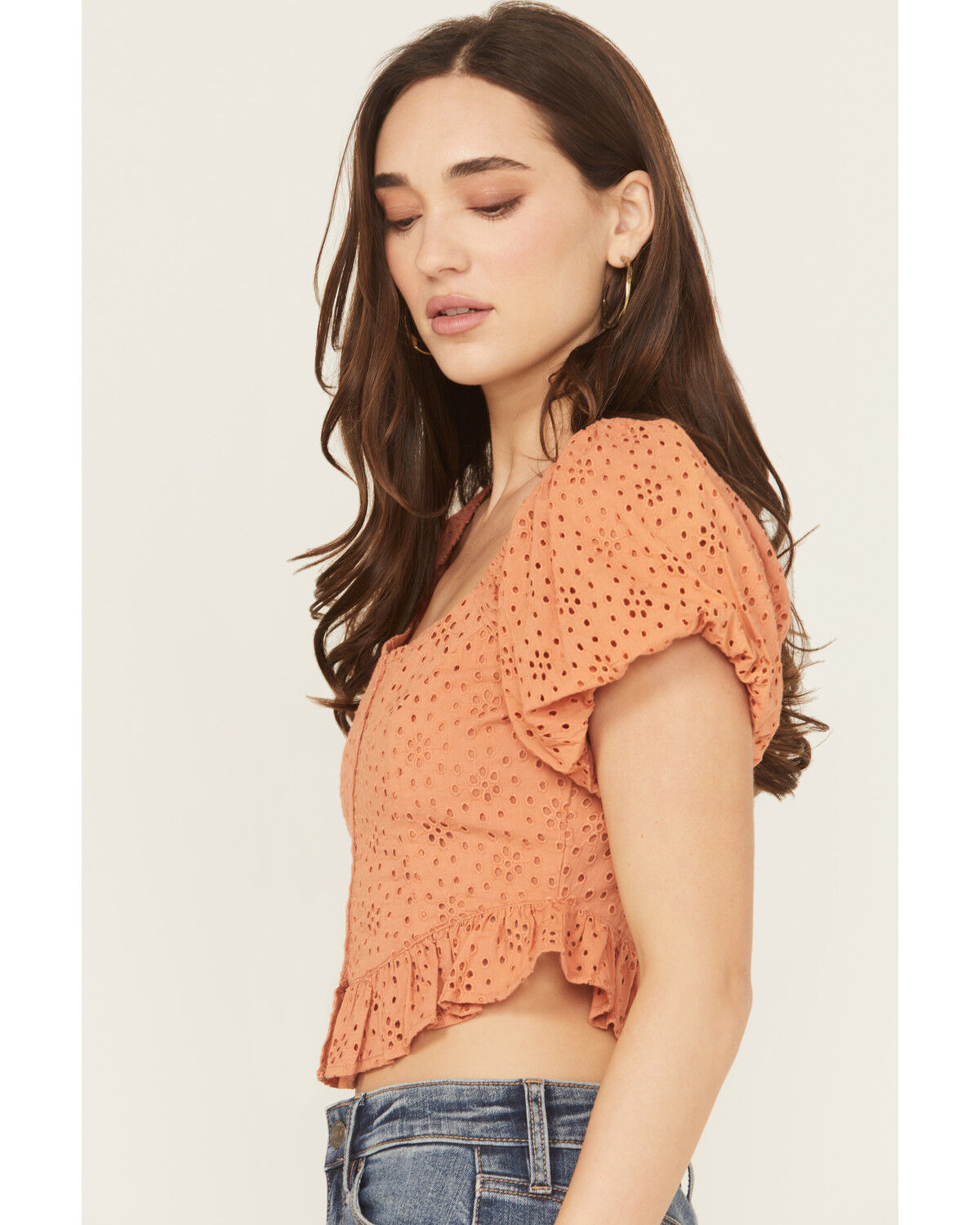 Image #2 - Rock & Roll Denim Eyelet Puff Sleeve Shirt, Orange, hi-res