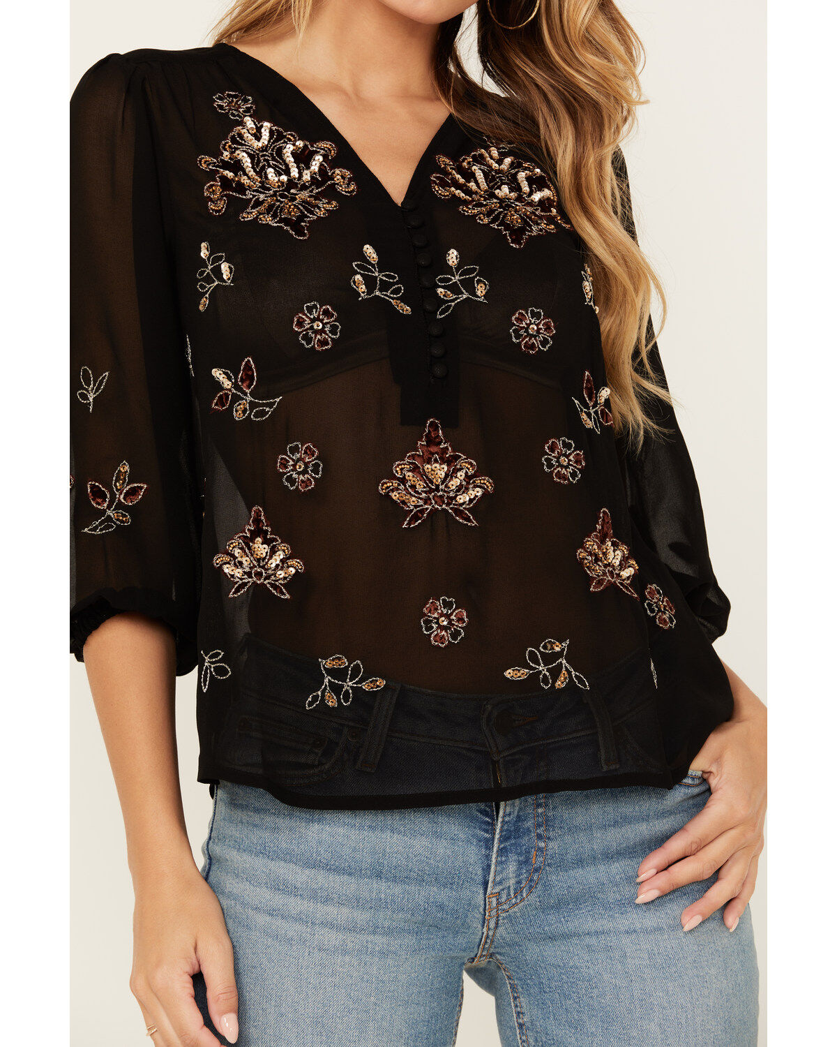 Image #3 - Shyanne Women's Decorated Peasant Top, Black, hi-res
