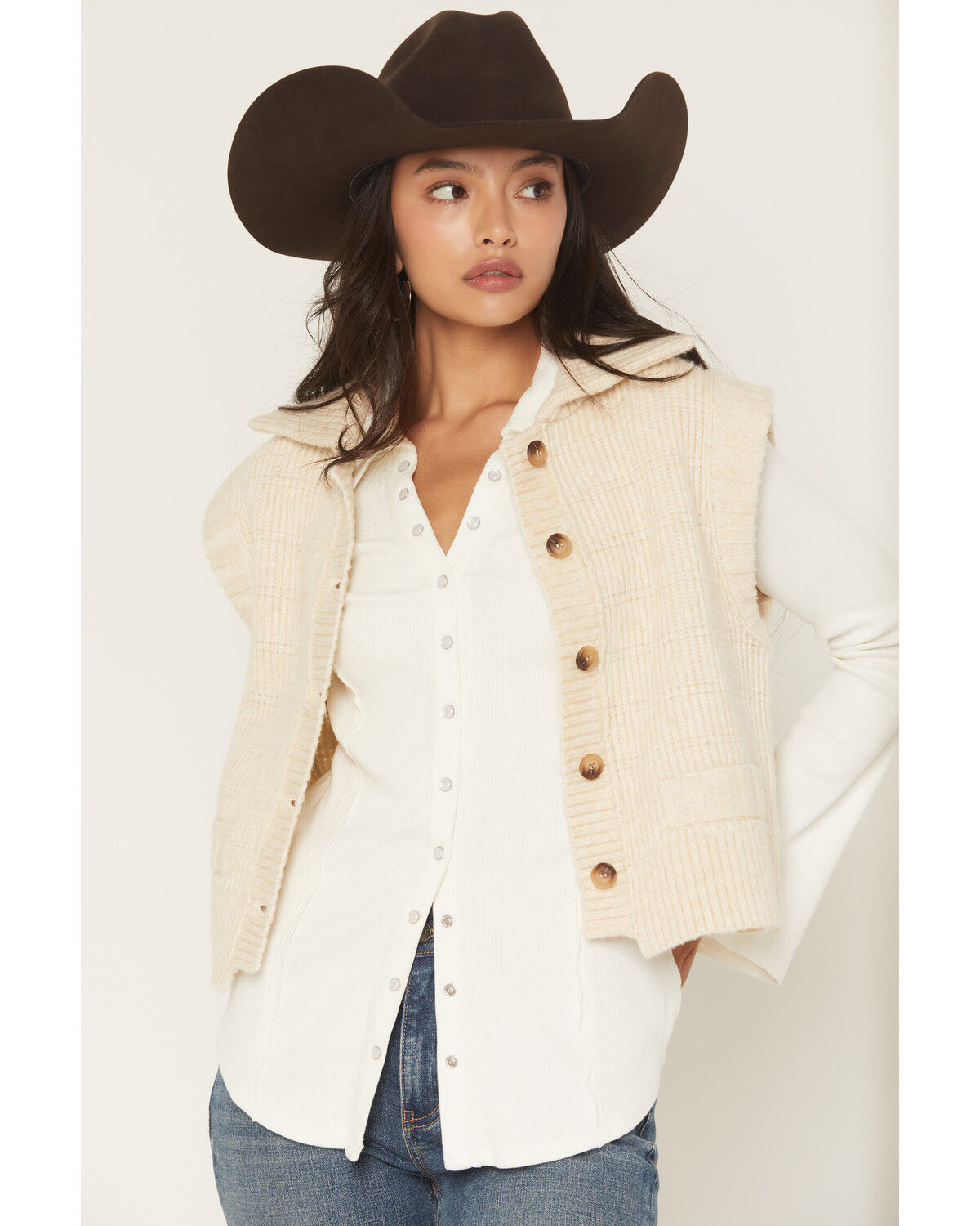 Cleo + Wolf Women's Button-Down Sweater Vest, Sand, hi-res