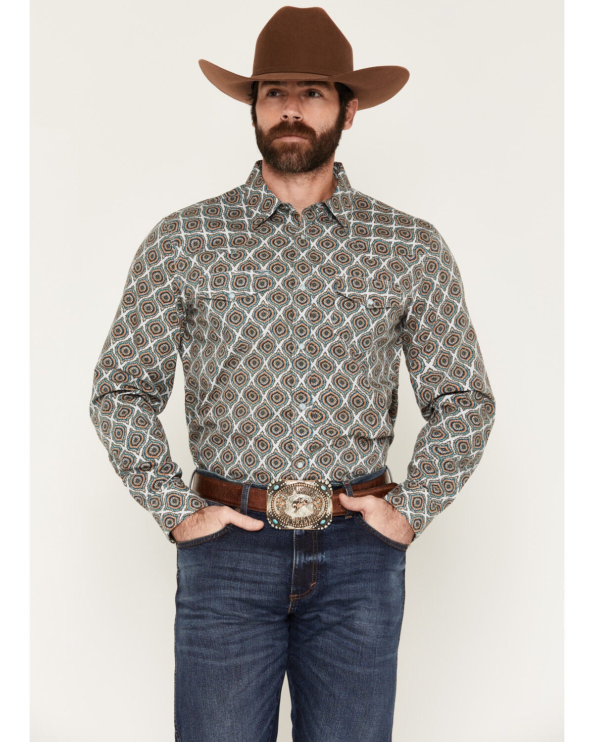 Gibson Trading Co Men's Vintage Medallion Print Long Sleeve Snap Western Shirt, Blue, hi-res